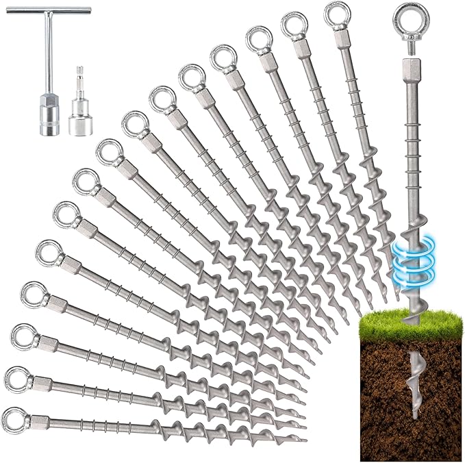 14" Ground Anchors Screw in Non-Rust Cast Aluminum Detachable Tent Stakes for Camping Tents, Sand, Trampoline, Swing Sets and Sheds(16 Packs)