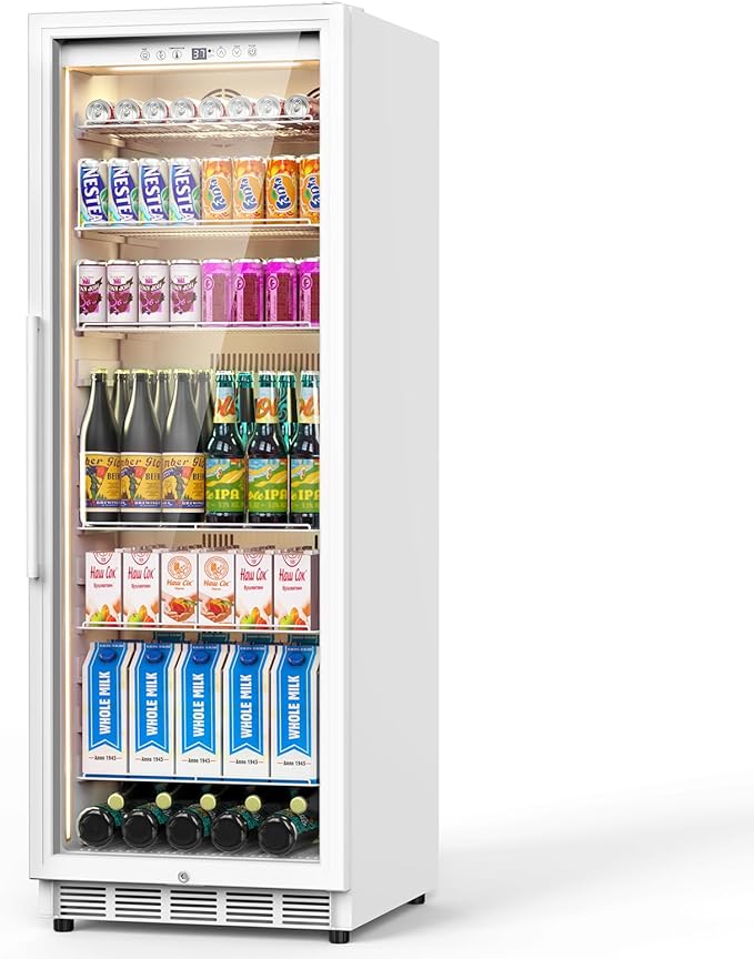 Commercial Display Refrigerator with Glass Door, Upright Beverage Cooler Merchandiser with Reversible Door, Drink Fridge with Door Lock for Restaurant Supermarket Convenience Store, 13.8 Cu.Ft