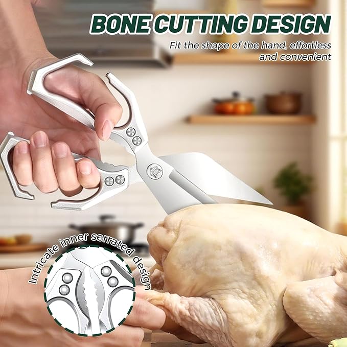Multifunctional Heavy-Duty Kitchen Shears, Heavy Duty Kitchen Scissors for Food with Ergonomic Handle, High-Carbon Steel Culinary Shears for Chicken, Meat, Seafood, Bone Cutting (Silver)