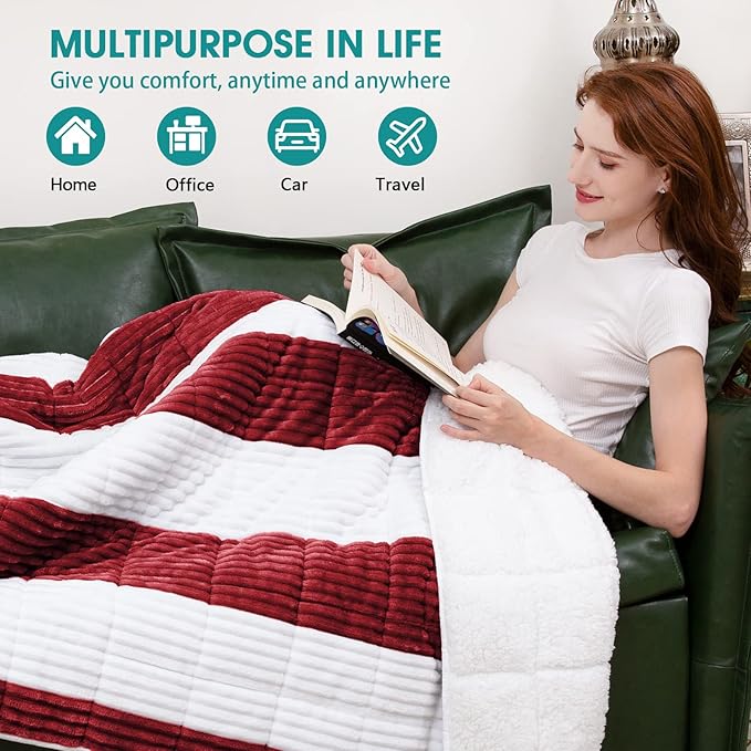 Weighted Blanket for Adults (15lbs, 48"x72" Twin Size) - Sherpa Fuzzy Heavy Blanket for 120-160lbs with Premium Glass Beads - Soft Thick Blanket for All-Season Sleeping Comfort - Red