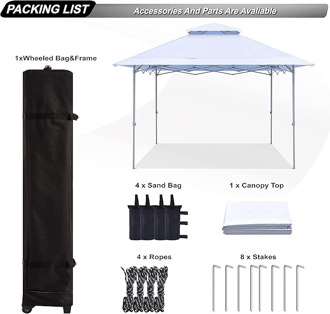 ABCCANOPY 13x13 Pop Up Canopy Base on 10x10 Canopy Frame with Double Ventilated Top, 4 Sandbags, 4 Ropes and 8 Stakes (White)