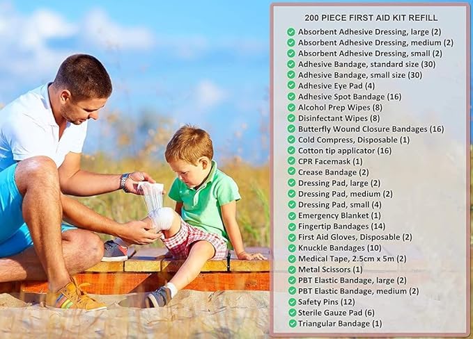 First Aid Kit Refill - 200 Piece - Extra Replacement Supplies for First Aid Kits, Loose Packed Restock Supply Pack