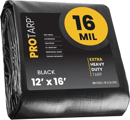 PROTARP Extra Heavy Duty 16 Mil Tarp Cover, Waterproof, UV Resistant, Rip and Tear Proof, Poly Tarpaulin with Reinforced Edges for Roof, Camping, Patio, Pool, Boat. (Black 12′ X 16′)