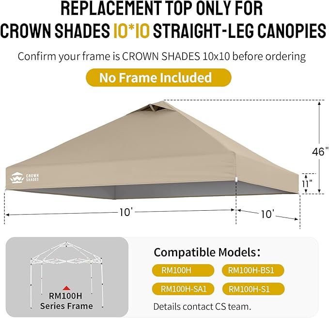 CROWN SHADES 10x10 Canopy Replacement Top - Only Compatible with Crown Shades RM100H Series, Silver Coated with Air Vent, Khaki (Top Only)