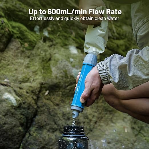Squeeze Water Filtration System with Four 34-Oz Squeezable Pouches and 0.1 Micron Filter Straw, Portable Water Purifier Survival for Backpacking, Camping, Hiking and Emergency Preparedness
