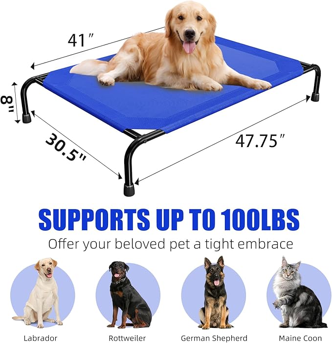 Simple Trending Raised Dog Bed for Large Dogs, Waterproof XL Dog Cot, Outdoor Cooling Elevated Pet Bed Load 100lb, 47.75" x 30.5", Blue