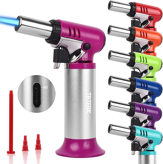 TBTEEK Butane Torch with Fuel Gauge T907, One-hand Operation Kitchen Torch Lighter with Adjustable Flame for BBQ, Baking, Brulee Creme, Crafts and Soldering(Butane Gas Not Included), Pink