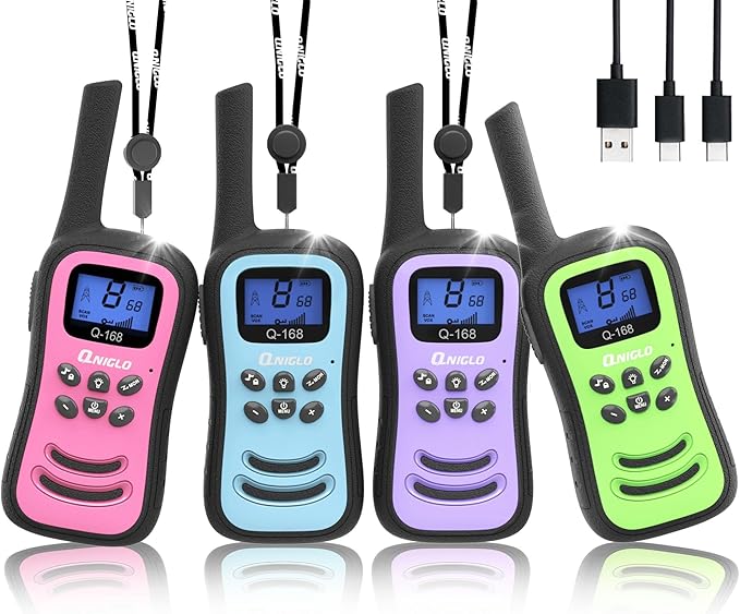 QNIGLO Walkie Talkies for Kids, Rechargeable Walkie Talkies, VOX,2 Way Radios with LED Flashlight, Perfect Outdoor Camping Toys with Lanyard for 3+ Years Old Boys Girls for Hiking Adventures( 4 Pack)
