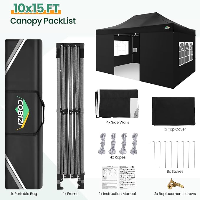 COBIZI 10x15 Heavy Duty Pop up Canopy Tent with 4 sidewalls Commercial Outdoor Canopy Wedding Party Tents for Wedding All Season Wind & Waterproof Gazebo with Carry Bag, Black(Frame Thickened)
