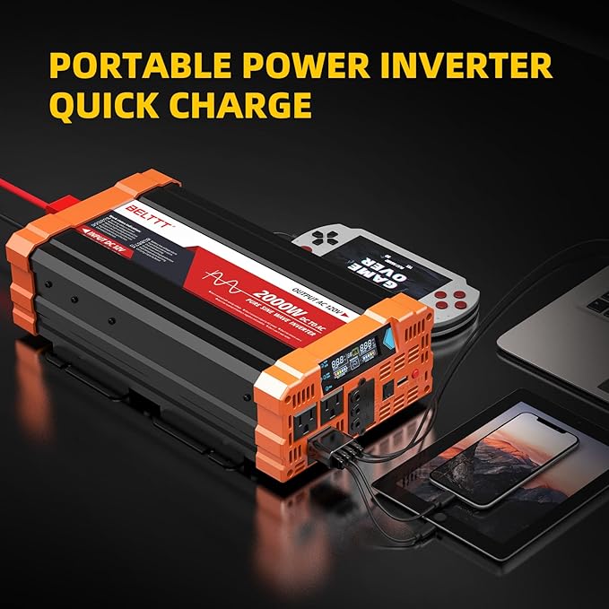 BELTTT 2000W Pure Sine Wave Inverter, Car Power Inverter 12V to 120V AC Converter for RV, Truck, Solar, Outdoor with Dual AC and 20A Socket, 5V 2.1A USB, Surge 4000W, Hardwire Port, Remote Controller