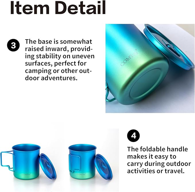 Titanium Camping Pot Mug 15oz (420ml) with Lid and Foldable Handle – Ultralight Camping Cup for Hiking, Backpacking, Outdoor Cooking, Blue