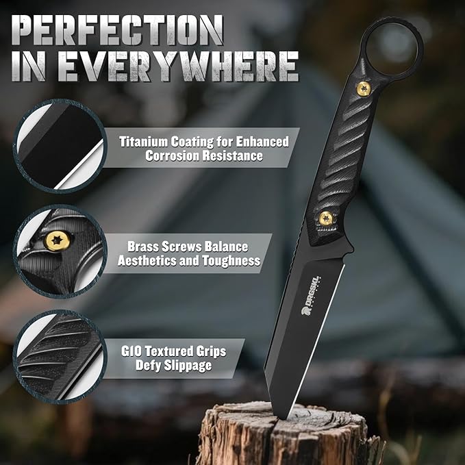 Sheepsfoot Fixed Blade Knife - Full Tang Survival Knives with Sheath, Camping Knives for Men, Black Knives Forged from a Single Piece of D2 Steel, Ideal Gift for Men