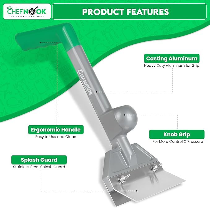 Griddle Scraper with Long Handle, Heavy Duty Flat Top Grill Cleaner with Stainless Steel Blade & Splash Guard, BBQ Grill Accessory for Flat Top Griddles