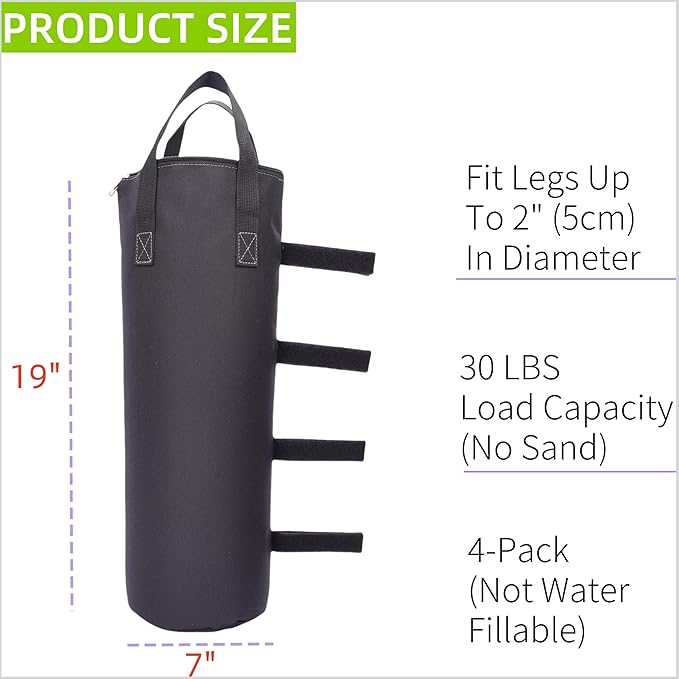 Zipper Top Sand Bags for Canopy Legs (120LBS Load Capacity, Without Sand) Sand Bags for Weight - Sandbags for Gazebo Legs, Pop Up Canopy Tent Weights - Canopy Weight Bags, Set of 4