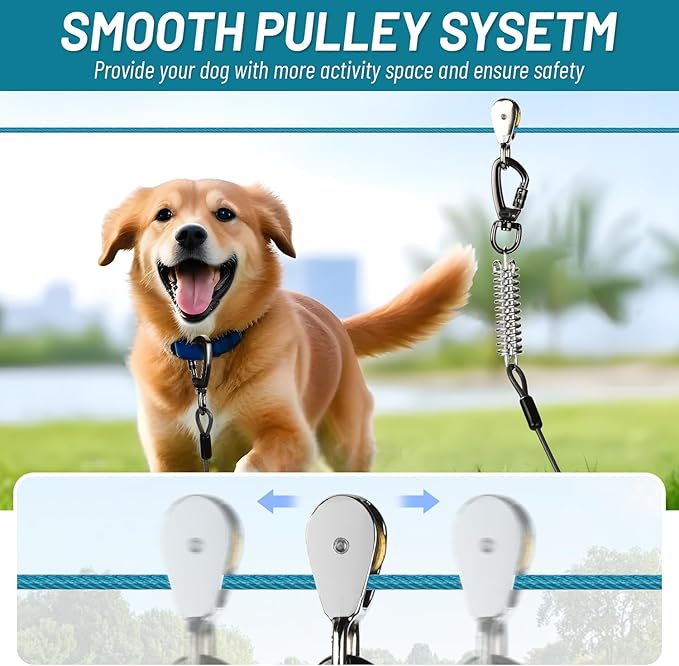 Dog Runner for Yard, Heavy Duty 50FT Dog Runs for Outside with 10FT Tie Out Cable, Trolley System Zipline for Large Dogs Up to 250lbs, Chew Proof Run Cable for Camping