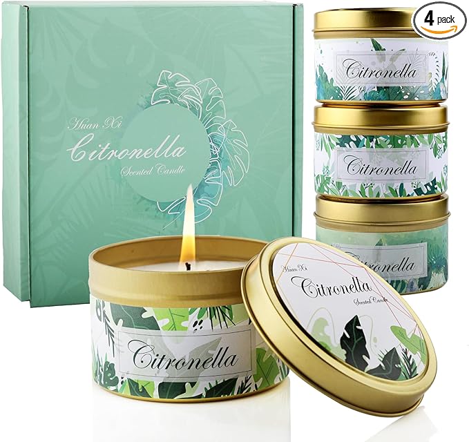 HUANXI Scented Candle Set 4 Pack Citronella Candles, Insect Moskito Repellent Candles for Outdoor Indoor, 32 Oz Travel Tin Jar Candles for Home, for Camping Fishing Garden Patio Yard Balcony Party