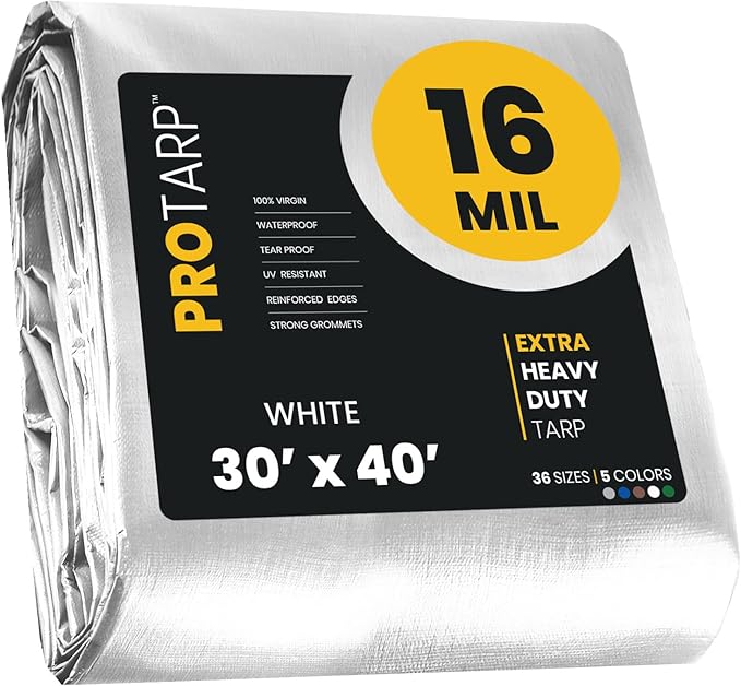 PROTARP Extra Heavy Duty 16 Mil Tarp Cover, Waterproof, UV Resistant, Rip and Tear Proof, Poly Tarpaulin with Reinforced Edges for Roof, Camping, Patio, Pool, Boat. (White 30′ X 40′)