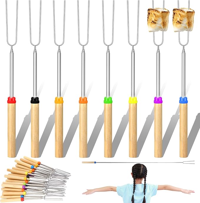 Minatee 28 Inch Marshmallow Roasting Sticks Bulk, Smores Skewers for Fire Pit, Hot Dog Camping Skewers Accessories Campfire Marshmellow Extendable Forks BBQ Tools Smores Sticks (12 Pcs)
