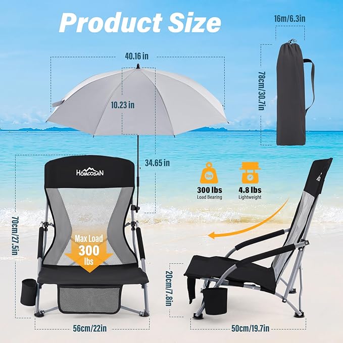 Homcosan Portable Low Folding Beach Chair with Detachable Umbrella - Lightweight Camping Chair for Adults with Cup Holder & Storage Pocket, Carry Bag Included (Black & Gray)