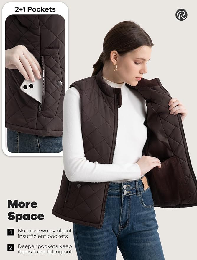 Women's Vest, Quilted Puffer Water-Resistant Zip With Pockets