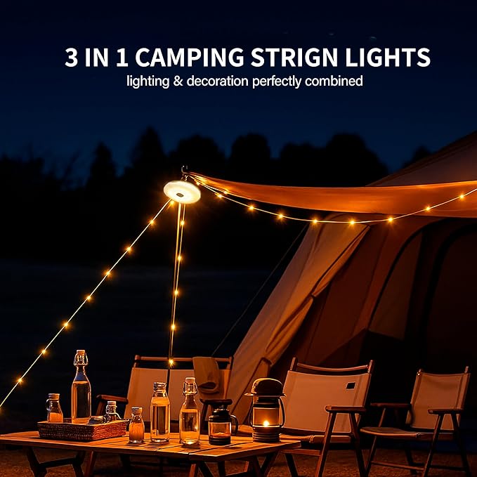 Solar Camping String Lights, 33FT 100LED Quick Storage Rechargeable Tent Lights with 9 Lighting Modes, Portable Camping Fairy Lights Waterproof for Outdoor Patio Garden Party Decorations