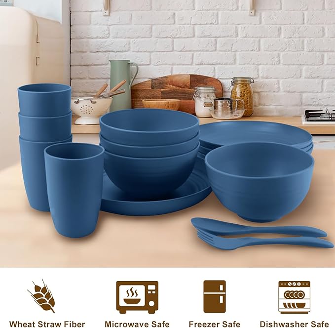 Wheat Straw Dinnerware Sets 20 PCS, Unbreakable Kid Plates and Bowls Sets, Alternative to Plastic Dishes Set for 4, Dinner Plates, Drinking Glasses for Camping, College, Dorm (Blue)