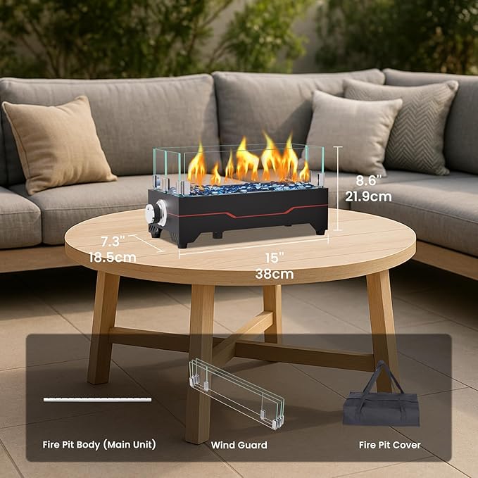 GRISUN Tabletop Fire Pit,15 Inch Propane Fire Pit Table,30000 BTU Table Top Firepit with Glass Wind Guard,Stainless Steel Burner,Fire Glass,Portable Propane fire Pit for Patio, Camping, Backyard & RV