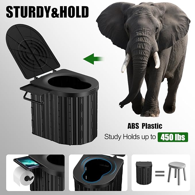 Portable Toilet for Adults, Upgraded 15'' Height Folding Camping Toilet, Travel Potty with Lid & Detachable Paper Holder, Portable Potty for Camping,RV, Car, Tent, Beach, Hiking, Outdoor Adventures