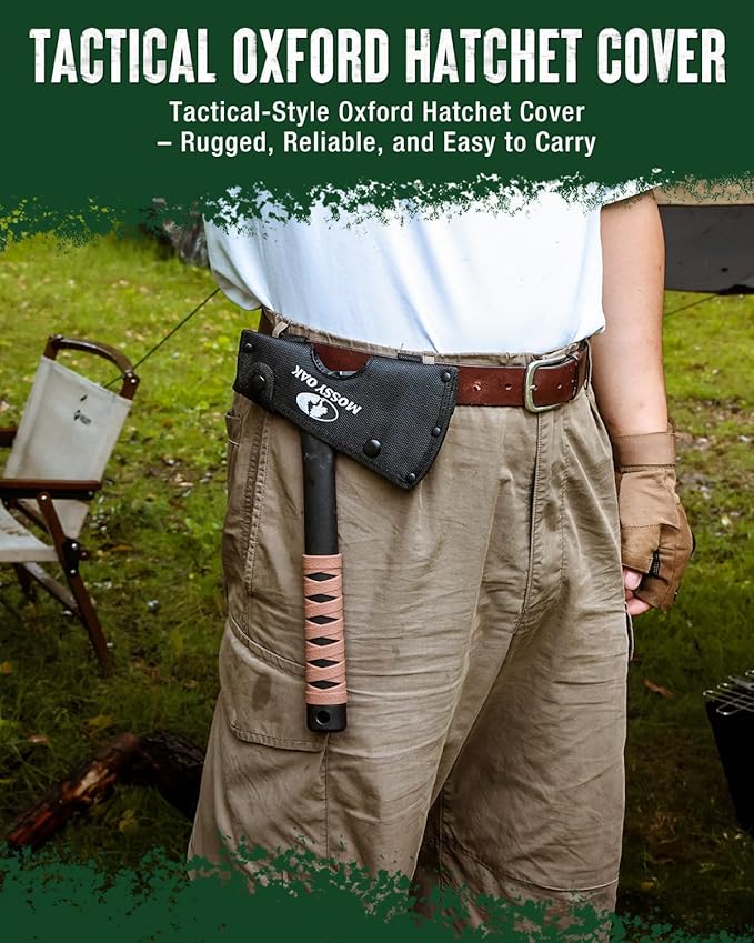 MOSSY OAK 12" Camping Axe and Survival Hatchet with Sheath, Compact Outdoor Multitool Hatchet with Hex Wrench Slots, Non-Slip Dual-Color Handle, Small Camping Gear for Hiking, Chopping, Hunting