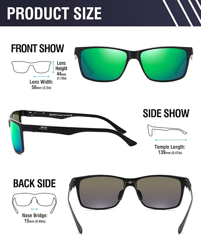 DUCO Mens Sunglasses Polarized Rectangle Sunglass for Men Lightweight Carbon Fiber UV400 Protection 8206