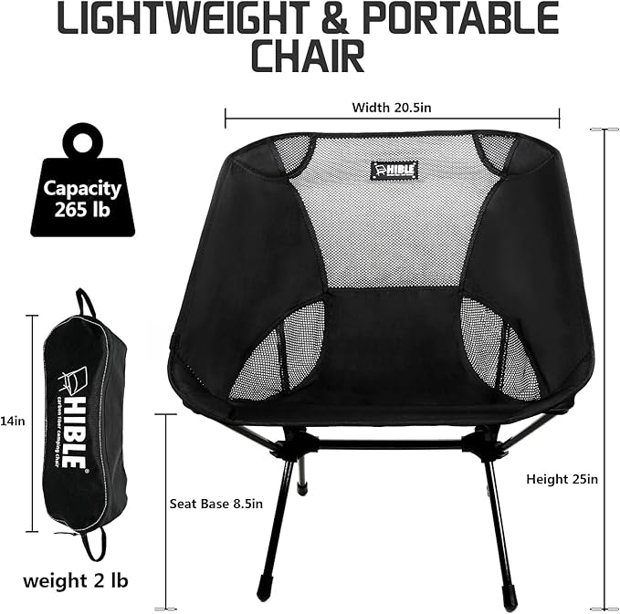HIBLE Carbon Fiber Folding Camping Chair, Ultra-Light Portable Camp Chair for Hiking, Beach, Fishing, Stable Backpacking Chair (Supports 265 Lbs)