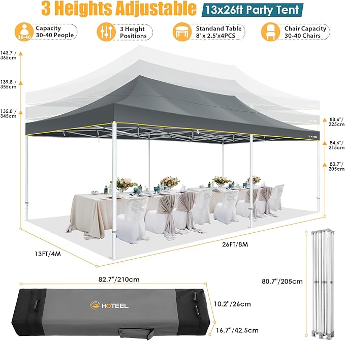 HOTEEL 13x26 Pop up Canopy Tent for Parties, Heavy Duty Easy Setup Tent with 6 Sidewalls, Outdoor Commercial Instant Gazebo for Wedding Event, with Roller Bag & Sand Bags, Grey(Hexagonal Frame)