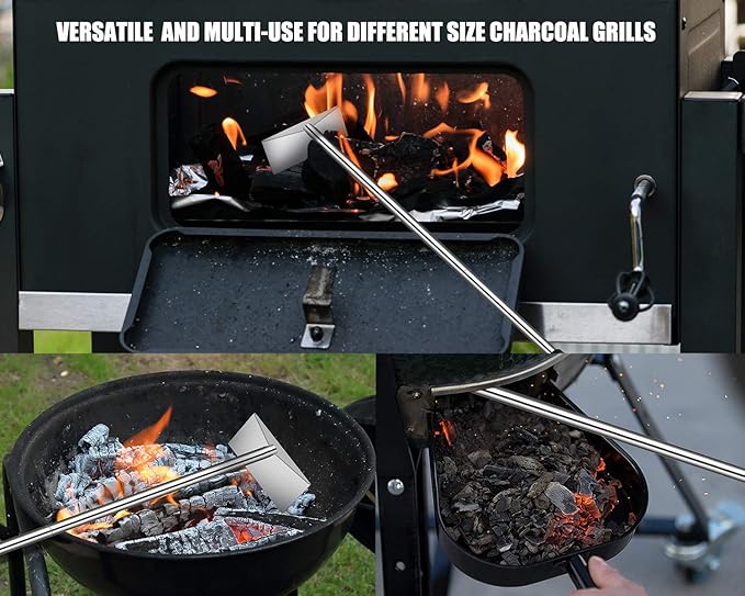 Charcoal Grill Ash Rake Hoe for Fireplace Wood Stove Pizza Oven, Stainless Steel BBQ Cleaner Poker Scraper, Elongated Cleaning Tool Accessories for Smoker, Ceramic, Kamado, Vision Grills