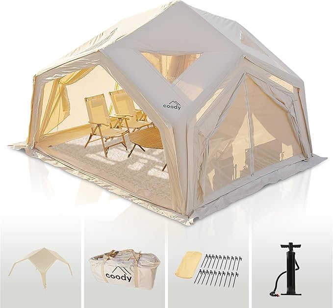 Coody | Rbm Outdoors Koala/Hub/Octopus Inflatable Tents for Camping with Stove Jack, 2/8/10 Person Luxury Canvas Blow Up Tent, 2 Room, Easy Setup Casa de Campaña, Large Inflatable House with Pump