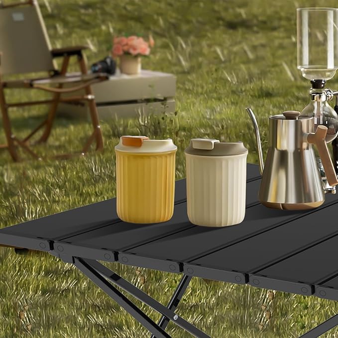 Portable Camping Table, Compact Camping Side Table with Carrying Bag, Ultralight Aluminum Beach Table Folding for Hiking, Camping, Picnicking, BBQ, Outdoor Cooking (Black Medium 22")