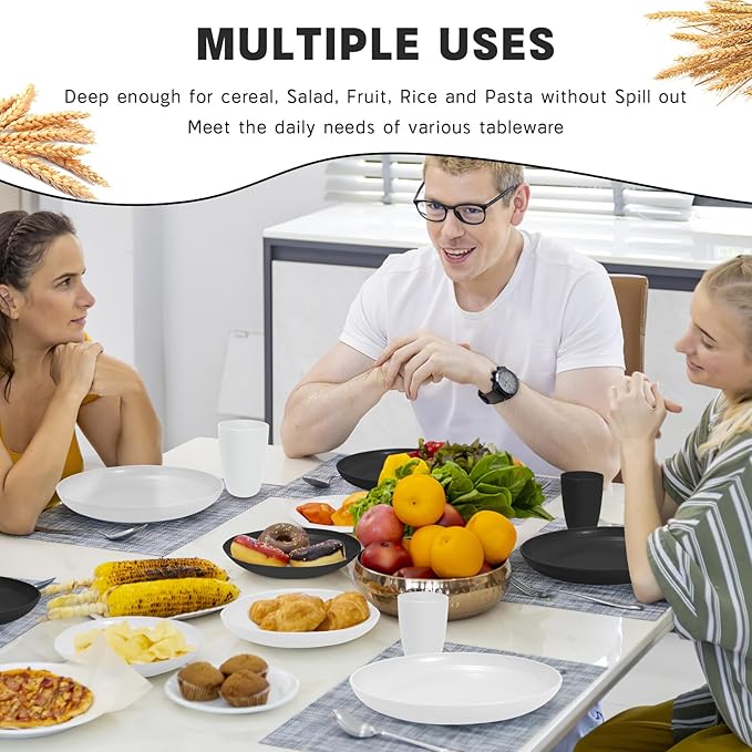 Kitchen Wheat Straw Dinnerware Sets (25pcs) Attached cleaning brush,Service For 6,Plastic Plates and Bowls Sets,Unbreakable Dinnerware,Lightweight Plastic Plate Set (Black white)