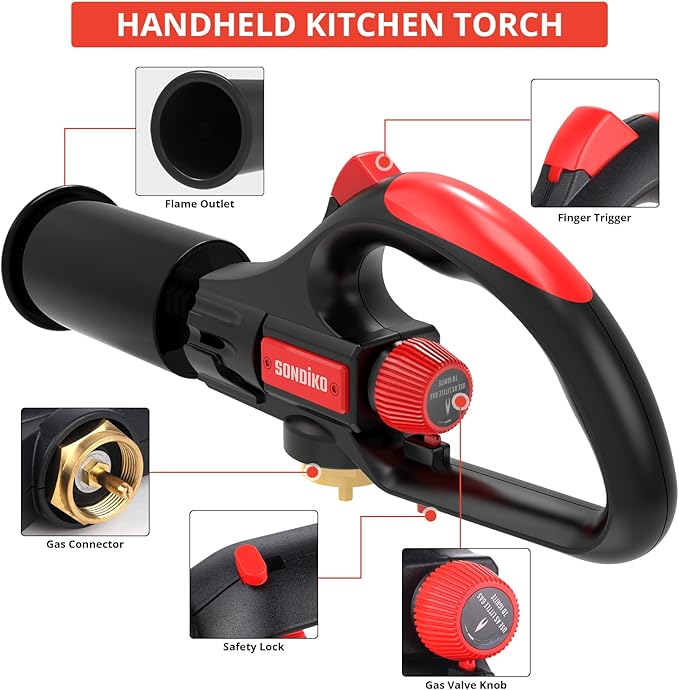 Sondiko Cooking Propane Torch Head Kitchen Torch, Outdoor Campfire Torch with Safety Lock and Adjustable Flame for BBQ Searing Steak, Creme Brulee (Tank Not Included)