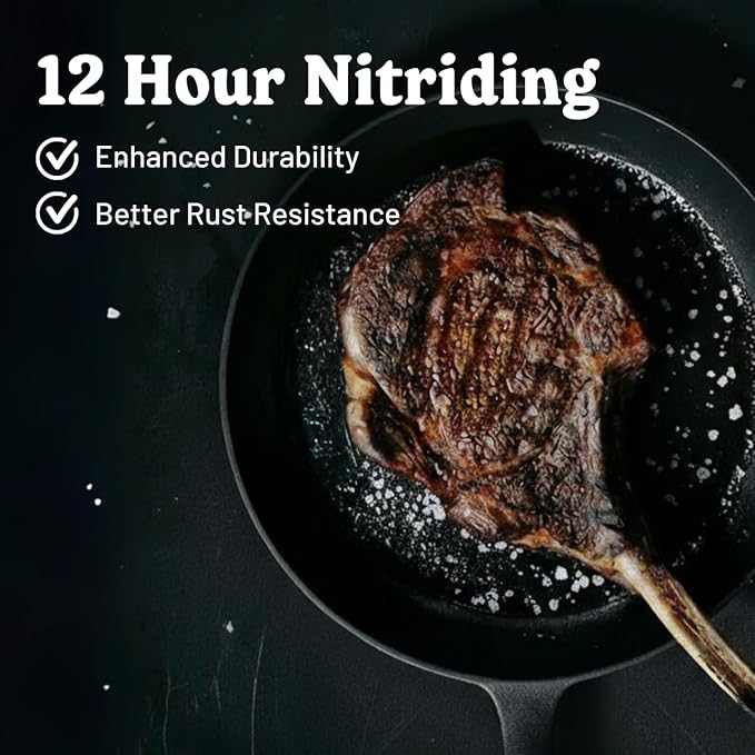 Flambo 12 Inch Cast Iron Skillet - Naturally Non-Stick, Pre-Seasoned Frying Pan, Smooth Nonstick Finish for Grilling, Frying, Sauteing, Searing, Baking - Use on Oven, Stove, Grill, or Campfire