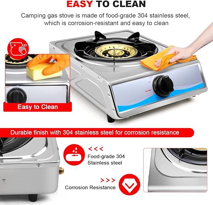 Propane Gas Cooktop,Single Burner Gas Stove Stainless Steel Portable Gas Stove,Auto Ignition Camping Single Burner LPGfor RV, Apartments, Outdoor