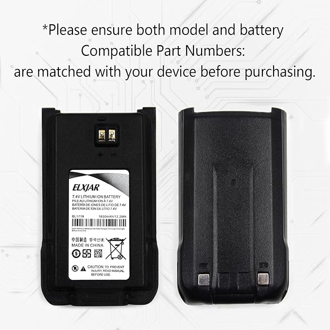 elxjar (2-Pack) 7.4V 1650mAh BL1719 Li-ion Replacement Battery for Hytera HYT TC-508 TC-518 TC-580 TC-446S TC-510 TC-585 TC-500S Two-Way Radio