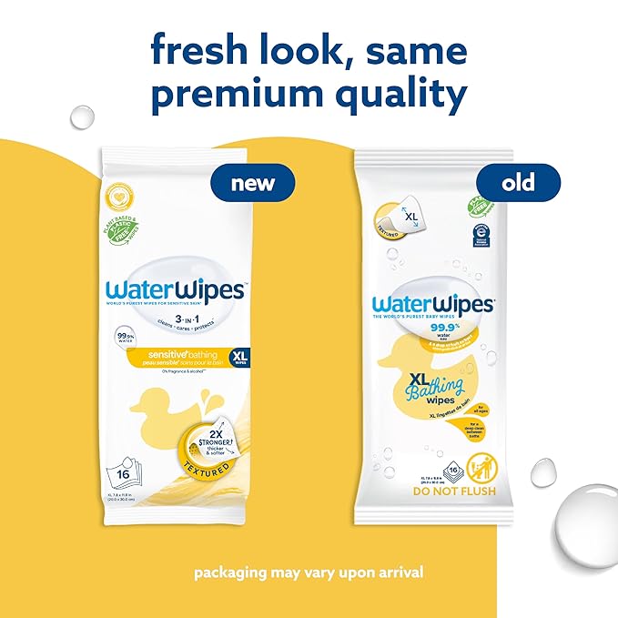 WaterWipes Sensitive+ Bathing Wipes, 3-In-1 Cleans, Cares, Protects, 99.9% Water, Unscented & Hypoallergenic, 16 Count (1 Pack)