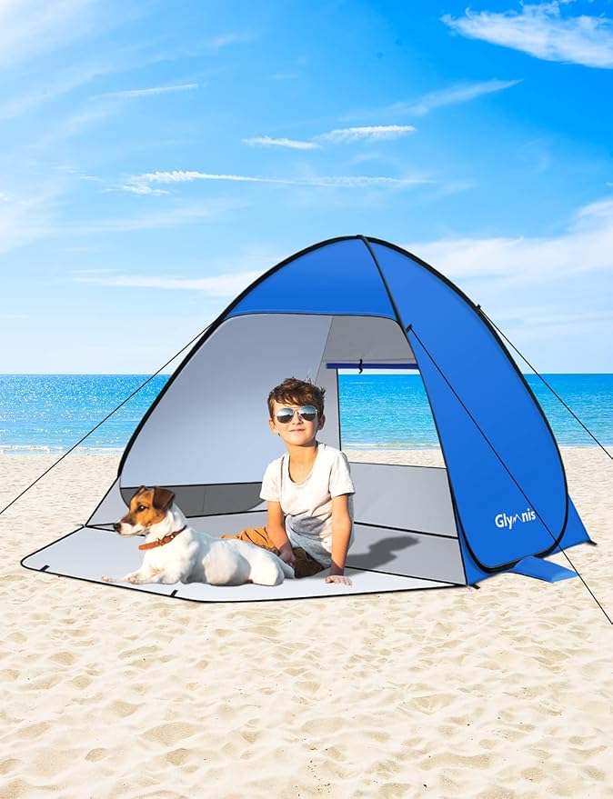 Glymnis Pop Up Beach Tent Beach Shade Tent for 1-4 Persons Sun Shelter UPF 50+ Enclose Zipper Door Portable Easy Up Beach Tent