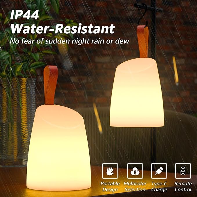 uuffoo 2 Pack Portable Outdoor Table Lamp LED Camping Lantern, Rechargeable Table Lamp with Remote, RGB & Warm White, IP44 Water-Resistant, Timer & Memory, Hanging Lantern for Patio, Garden, Camping.