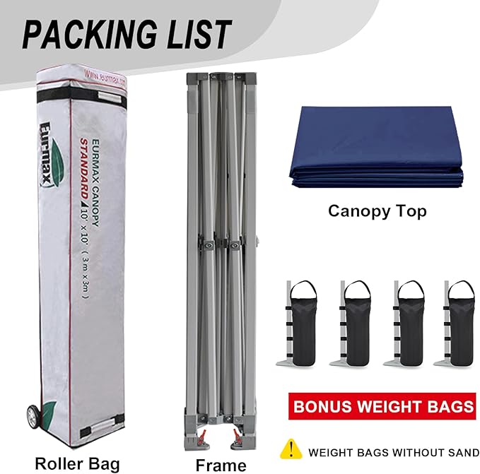 Eurmax USA Standard 10x10ft Patio Pop Up Canopy Tent for Outdoor Events Commercial Instant Canopies with Heavy Duty Roller Bag,Bonus 4 Canopy Sand Bags(Navy Blue)