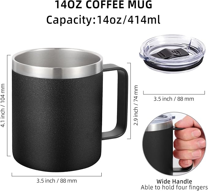 Volhoply 14oz Insulated Stainless Steel Coffee Mug with Lid Bulk 8 Pack,Double Wall Vacuum Travel Coffee Cup with Handle,Reusable Metal Cups Tumbler,Camping Mugs Keep Hot,Ideal Gifts(Black,8)