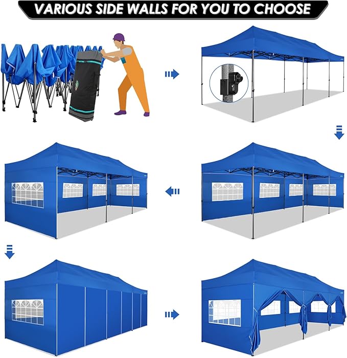 COBIZI 10x30 Pop up Canopy Tent 10x30 Canopy with Sidewalls, Heavy Duty Party Tent Tents for Parties, Foldable UPF 50+ Waterproof Commercial Easy up Canopy with Wheeled Bag, Blue(Frame Upgraded)