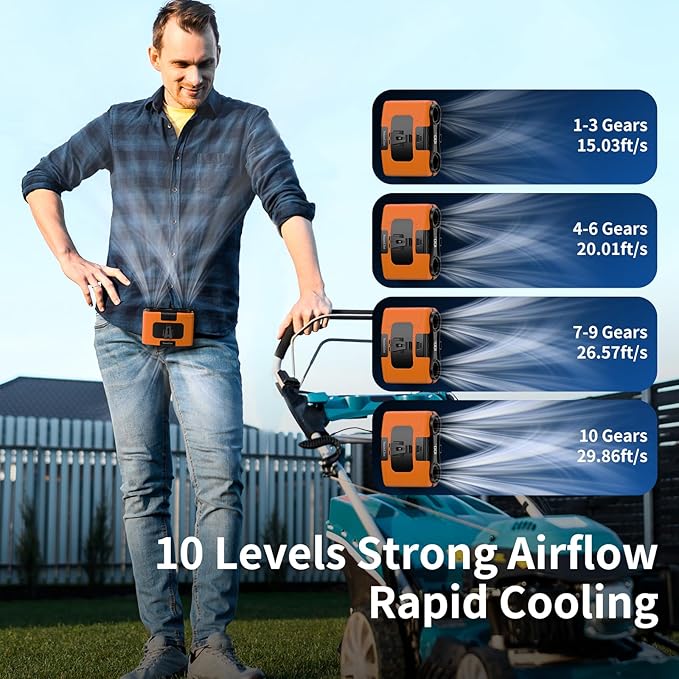 Socool 20000mAh Portable Waist Fan Clip on Wearable Belt Personal Fan Rechargeable, 40H Cooling Battery Operated with 10 Speeds & Dual Air Outlets, Neck Fans Hanging for Outdoor Jobsite Camping
