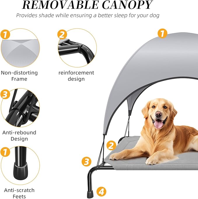 Simple Trending Raised Dog Bed for Large Dogs with Canopy, Waterproof Elevated Dog Bed, Breathable Big Pet Cot, Grey