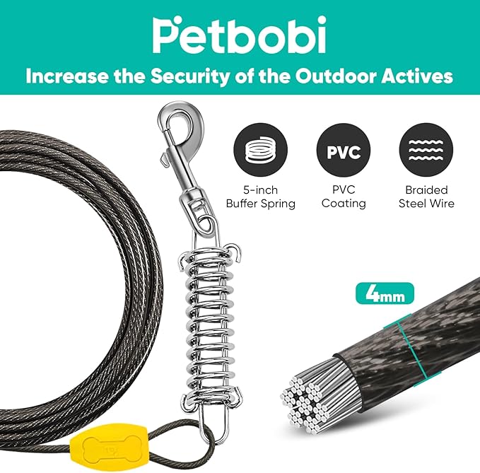 Petbobi Dog Tie-Out Cable and Stake - 10ft Heavy Duty Cable with Spring, No Tangle, 16in Ground Stake, Ideal for Yard, Camping and Beach, Suitable for Small Medium Large Dogs Up to 120 lbs, Black