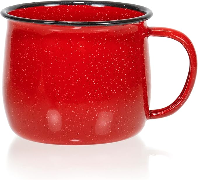 Red Co. Set of 4 Enamelware Metal 12 Oz Round Camping Coffee Mugs with Handle, White-Speckled Red/Black Rim